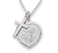 Christopher James of London | Heart Shaped St. Christopher Pendant and Cross on 18" Necklace | Solid 925 Sterling Silver 2mm Belcher Chain | Travellers Prayer on Pendant | Gift Box Included