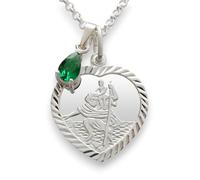 Christopher James of London | St Christopher Heart Necklace With Teardrop Birthstone | Sterling Silver Diamond Cut on Belcher Chain | 18” Women’s Necklace | Gift Box Included for Birthday (May)