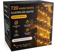 CHRISTOW 720 LED Cluster Christmas Tree Lights, Warm White Fairy Lights with Timer, 8 Light Modes, Energy Efficient 3mm Micro LEDs, Indoor & Outdoor, Mains Powered, Green Cable, 8.98m Lit Length