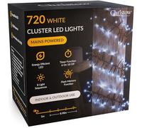CHRISTOW 720 LED Cluster Christmas Tree Lights, White Fairy Lights with Timer, 8 Light Modes, Energy Efficient 3mm Micro LEDs, Indoor & Outdoor, Mains Powered, Green Cable, 8.98m Lit Length