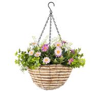 CHRISTOW Artificial Daisy Hanging Basket, Pink & Lilac, 25cm | Ready to Hang Woven Basket, Daisies, Eucalyptus, Bellflower Orchids & Gypsophila, UV-Protected Foliage, Triple Hanging Chain