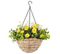 CHRISTOW Artificial Daisy Hanging Basket, Yellow, 25cm | Ready to Hang Woven Basket, Daisies, Eucalyptus, Bellflower Orchids & Gypsophila, UV-Protected Foliage, Triple Hanging Chain