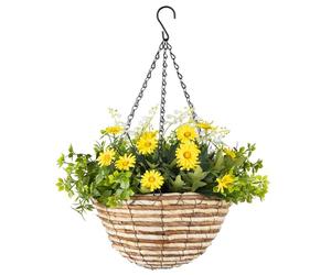 CHRISTOW Artificial Daisy Hanging Basket, Yellow, 25cm | Ready to Hang Woven Basket, Daisies, Eucalyptus, Bellflower Orchids & Gypsophila, UV-Protected Foliage, Triple Hanging Chain