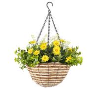 Christow Artificial Daisy Wicker Hanging Basket Uv Resistant Foliage Yellow 25Cm