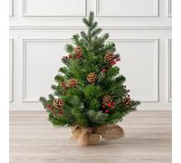 Christow Artificial Mini Christmas Tree with Pine Cones & Berries, 2ft / 60cm Flocked Miniature Tabletop Spruce, Small Indoor Xmas Decoration, Natural Looking PVC & PE Needles, Hessian Wrapped Base