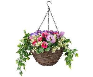 CHRISTOW Artificial Pansy Hanging Basket, Purple & Pink, 25cm | Ready to Hang Wicker Basket, Realistic Pansies, Sweet Potato & Boxwood Leaves, UV-Protected, Triple Steel Hanging Chain