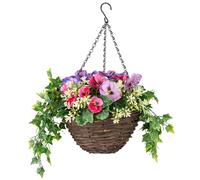 CHRISTOW Artificial Pansy Hanging Basket - Wicker Garden Planter with Light Purple Dark Purple & Pink Flowers, UV-Resistant PE Leaves, Pre-Fitted Triple Steel Chain, 25cm Diameter