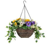 CHRISTOW Artificial Pansy Hanging Basket - Wicker Garden Planter with Purple Yellow & White Flowers, UV-Resistant PE Leaves, Pre-Fitted Triple Steel Chain, 25cm Diameter