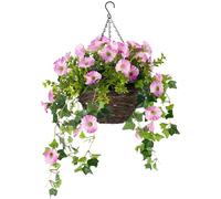 CHRISTOW Artificial Petunia Hanging Basket - Ready to Hang Wicker Garden Planter with Pink Flowers, Gypsophila & Ivy, UV-Resistant PE Leaves, Pre-Fitted Triple Steel Chain, 25cm Basket Diameter
