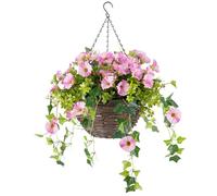 CHRISTOW Artificial Petunia Hanging Basket - Ready to Hang Wicker Garden Planter with Pink Flowers, Gypsophila & Ivy, UV-Resistant PE Leaves, Pre-Fitted Triple Steel Chain, 30cm Basket Diameter