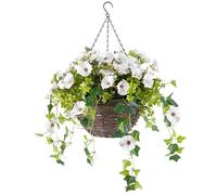 CHRISTOW Artificial Petunia Hanging Basket - Ready to Hang Wicker Garden Planter with White Flowers, Gypsophila & Ivy, UV-Resistant PE Leaves, Pre-Fitted Triple Steel Chain, 30cm Basket Diameter