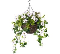 CHRISTOW Artificial Petunia Hanging Basket - Ready to Hang Wicker Garden Planter with White Flowers, Gypsophila & Ivy, UV-Resistant PE Leaves, Pre-Fitted Triple Steel Chain, 25cm Basket Diameter