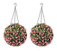 CHRISTOW Artificial Rose Topiary Balls, Pair, Pink, 28cm | Pair of Topiary Balls, Artificial Rose Flowers, Lifelike Foliage, UV Fade Protected, Steel Triple Hanging Chain with Hook