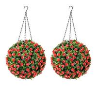CHRISTOW Artificial Rose Topiary Balls, Pair, Red, 28cm | Pair of Topiary Balls, Artificial Rose Flowers, Lifelike Foliage, UV Fade Protected, Steel Triple Hanging Chain with Hook