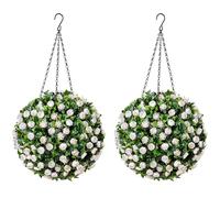 CHRISTOW Artificial Rose Topiary Balls, Pair, White, 28cm | Pair of Topiary Balls, Artificial Rose Flowers, Lifelike Foliage, UV Fade Protected, Steel Triple Hanging Chain with Hook