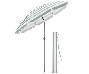 CHRISTOW Beach Umbrella Portable Tilting Parasol Sun Shade with UV Protection and Bag 2m (Sage and White Striped)