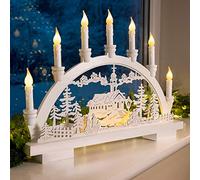 CHRISTOW Christmas Candle Arch White Wooden Bridge with Winter Village Scene Battery Operated with Timer