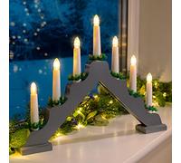 Christow Christmas Candle Bridge Light 7 LED Battery Operated Wooden Decoration (Grey)