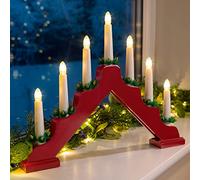 CHRISTOW Christmas Candle Bridge Light 7 LED Battery Operated Wooden Decoration (Red)