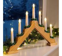 CHRISTOW Christmas Candle Bridge Light, 7 LED Candles, Wooden | Traditional Decoration, 7 Warm White LEDs, Mains Powered, Pine Needles & Gold Cones, Ideal for Mantelpiece & Windowsills