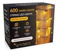 CHRISTOW Christmas Fairy Lights Battery Operated, Warm White LED String Lighting with Timer, Indoor & Outdoor, 8 Light Modes Flashing & Static, Green Cable (600 LED / 60m Lit Length)