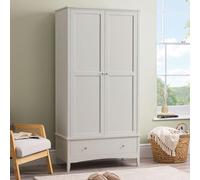 CHRISTOW Double Wardrobe with Drawer, Soft Shut 2 Door Storage Cupboard, Modern Wooden MDF Bedroom Furniture, Clothes Rail, Shelf, Brushed Chrome Handles, Natural Stone Colour (185cm x 94.5cm x 50cm)