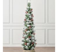 Christow Frosted Pencil Christmas Tree with Pinecones & Berries, 5ft | Artificial Slim Snow-Dusted Spruce, Pinecones & Berries, Natural-Look PE & PVC Needles, Easy Assembly with Stand