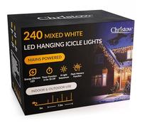 CHRISTOW Hanging Icicle Christmas Lights, 240 White & Warm White LED, 7.5m Lit Length, Indoor & Outdoor, Mains Powered with Timer, 8 Flash Lighting Modes with Memory, Fairy String Light Decorations