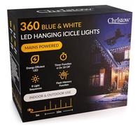 CHRISTOW Hanging Icicle Christmas Lights, 360 Blue & White LED, 10m Lit Length, Indoor & Outdoor, Mains Powered with Timer, 8 Flash Lighting Modes with Memory, Fairy String Light Xmas Decorations