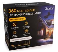 CHRISTOW Hanging Icicle Christmas Lights, 360 Multi Coloured LED, 10m Lit Length, Indoor & Outdoor, Mains Powered with Timer, 8 Flash Lighting Modes with Memory, Fairy String Light Xmas Decorations