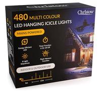CHRISTOW Hanging Icicle Christmas Lights, 480 Multi Coloured LED, 15m Lit Length, Indoor & Outdoor, Mains Powered with Timer, 8 Flash Lighting Modes with Memory, Fairy String Light Xmas Decorations