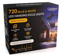 CHRISTOW Hanging Icicle Christmas Lights, 720 Blue & White LED, 20m Lit Length, Indoor & Outdoor, Mains Powered with Timer, 8 Flash Lighting Modes with Memory, Fairy String Light Xmas Decorations