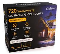 CHRISTOW Hanging Icicle Christmas Lights, 720 Warm White LED, 20m Lit Length, Indoor & Outdoor, Mains Powered with Timer, 8 Flash Lighting Modes with Memory, Fairy String Light Xmas Decorations