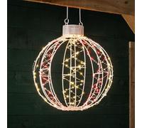 Christow Light Up Christmas Bauble, Hanging Ball Decoration, 160 Red & White Micro LEDs, White Metal Frame & Silver Beading, Timer, Mains Powered, 5m Cable, Indoor & Outdoor, 40cm x 38cm x 38cm