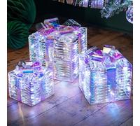 CHRISTOW Light Up Christmas Presents, Iridescent Micro LED Parcels, Pre Lit Gift Boxes, Xmas Decorations, Battery Operated with Timer Function, Set of 3-12.5cm 16.5cm 20cm (White)