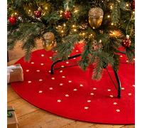 Christow Light Up Christmas Tree Mat Skirt, Red Decorative Soft Felt Floor Protector with 80 Warm White LED Stars, Battery Operated with Timer, Round 98cm Decoration for Xmas Trees Up to 7ft