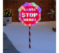 Christow Light Up Santa Stop Here Sign, Outdoor Christmas Path Stake Decoration, Flashing Multi Coloured LED, Battery Operated with Timer (63cm)