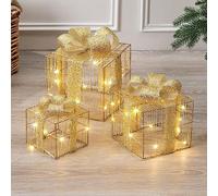 CHRISTOW Light Up Warm White LED Parcels, Gift Box Decorations, Battery Operated with Timer, Set of 3 (Gold)
