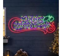 Christow Merry Christmas Light Up Sign, Energy Efficient LED Outdoor Wall Decoration, Flashing Multi Coloured Rope Light Silhouette, Mains Operated (185cm)