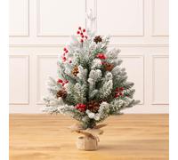 Christow Mini Christmas Tree with Pinecones & Berries, 2ft / 60cm | Miniature Tabletop Flocked Spruce, Pinecones & Berries, Natural-Look PVC & PE Needles, Weighted Base with Hessian Wrap
