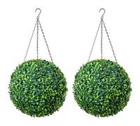 CHRISTOW Pair of Artificial Boxwood Topiary Balls, 28cm Faux Leaf Pant Hanging Ornaments, Decorative Outdoor Garden Topiaries, Lush Lifelike Foliage, UV Fade Protected, Pre-Attached Chain with Hook