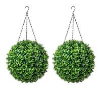 CHRISTOW Pair of Artificial Laurel Topiary Balls, 28cm Faux Leaf Pant Hanging Ornaments, Decorative Outdoor Garden Topiaries, Lush Lifelike Foliage, UV Fade Protected, Pre-Attached Chain with Hook