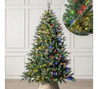Christow Pre-Lit Christmas Tree 6ft, Dual-Colour LED Lights (Switch from Warm White to Multi-Coloured), Fraser Fir, PE & PVC Tips, Hinged Branches, 11 Modes - Colour Changing, Timer, 117cm Diameter
