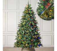 Christow Pre-Lit Christmas Tree 7ft, Dual-Colour LED Lights (Switch from Warm White to Multi-Coloured), Fraser Fir, PE & PVC Tips, Hinged Branches, 11 Modes - Colour Changing, Timer, 127cm Diameter