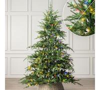 Christow Pre-Lit Christmas Tree 7ft with Dual-Colour LED Lights (Switch from Warm White to Multi-Coloured), Nordmann Fir, Realistic PE & PVC Tips, 11 Modes with Colour Changing, Timer, 132cm Diameter