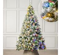 Christow Pre-Lit Flocked Christmas Tree 7ft, Dual-Coloured LED Lights (Switch from Warm White to Multi-Coloured), Chamonix Spruce, Snowy PVC Tips, 11 Modes - Colour Changing, Timer, 121cm Diameter