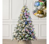 Christow Pre-Lit Flocked Christmas Tree 5ft, Dual-Coloured LED Lights (Switch from Warm White to Multi-Coloured), Chamonix Spruce, Snowy PVC Tips, 11 Modes - Colour Changing, Timer, 91cm Diameter