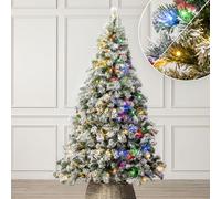 Christow Pre-Lit Flocked Christmas Tree 6ft, Dual-Coloured LED Lights (Switch from Warm White to Multi-Coloured), Chamonix Spruce, Snowy PVC Tips, 11 Modes - Colour Changing, Timer, 101cm Diameter