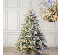 Christow Pre-Lit Flocked Christmas Tree 7ft with Dual-Colour LED Lights (Switch from Warm White to Multi-Coloured), Verbier Fir, PE & PVC Tips, 11 Modes - Colour Changing, Timer, 140cm Diameter