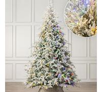 Christow Pre-Lit Flocked Christmas Tree 8ft with Dual-Colour LED Lights (Switch from Warm White to Multi-Coloured), Verbier Fir, PE & PVC Tips, 11 Modes - Colour Changing, Timer, 240cm Diameter